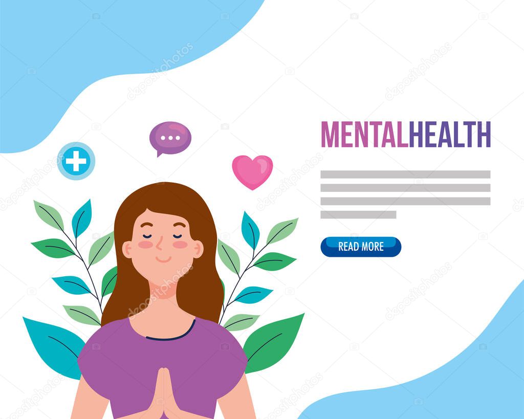 banner of mental health, and woman meditating with health icons