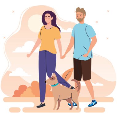 Çiftler açık hava aktiviteleri yapıyorlar, genç çiftler köpekleriyle yürüyüşe çıkıyorlar.