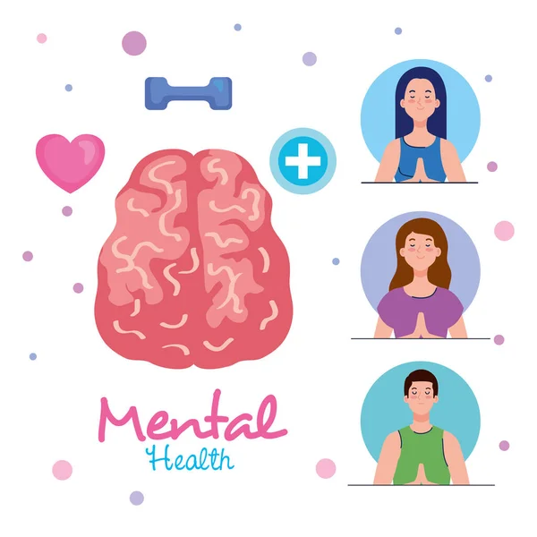 Concepto de salud mental, con el cerebro y la gente meditando — Archivo Imágenes Vectoriales