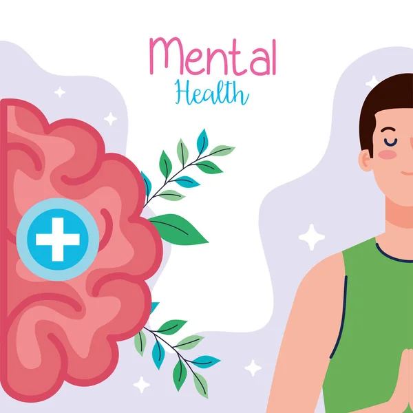 Concept de santé mentale, et l'homme méditer avec le cerveau humain — Image vectorielle