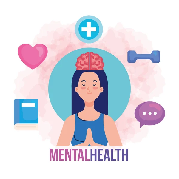 Mental health concept, and woman meditating with health icons — Stock Vector