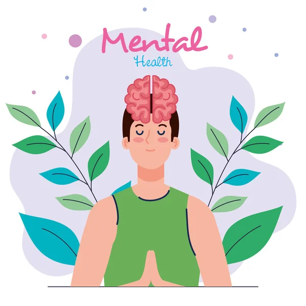 Mental health concept, with man meditating with leaves decoration — Stock Vector