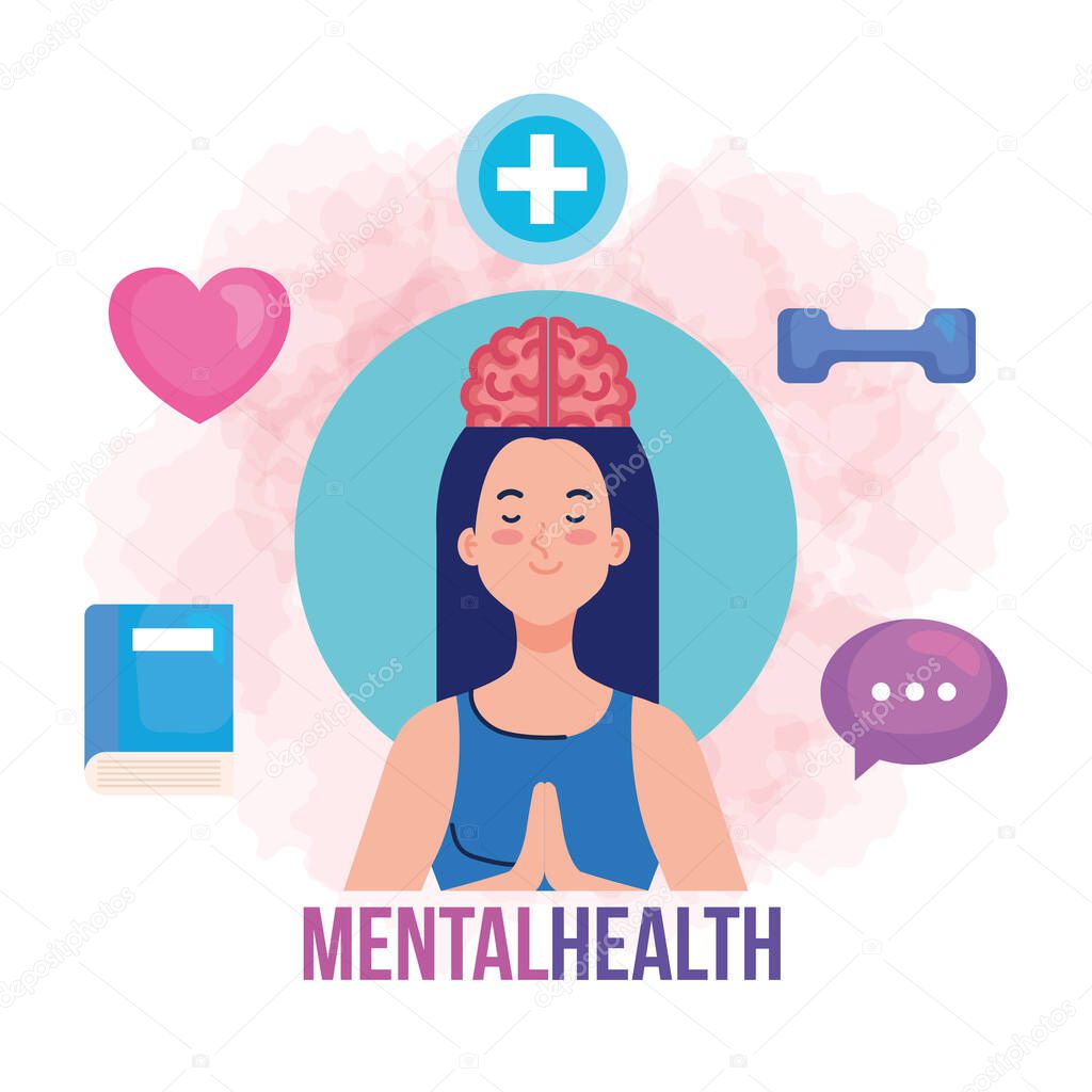 mental health concept, and woman meditating with health icons