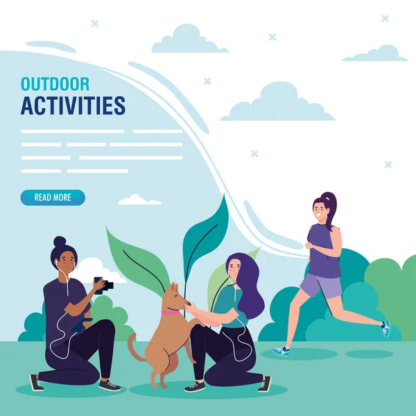 Banner, mujeres que realizan actividades al aire libre de ocio — Vector de stock