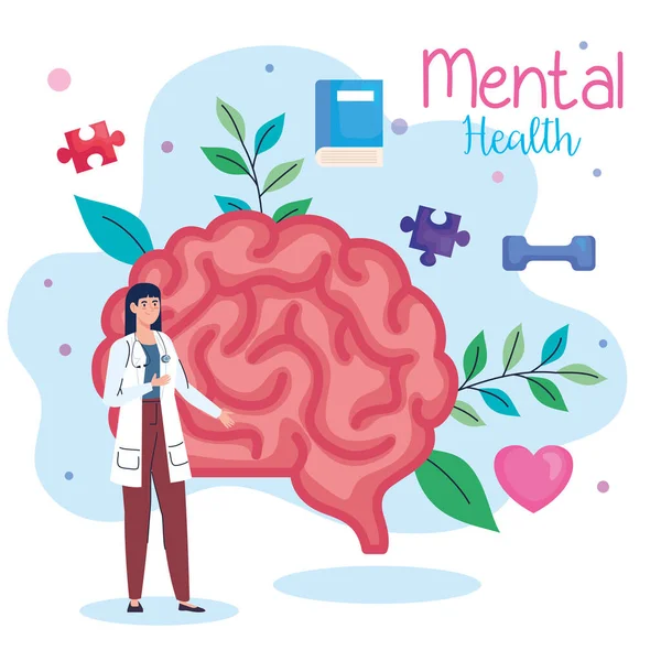 Mental health medical treatment, doctor female with brain and health icons — Stock Vector