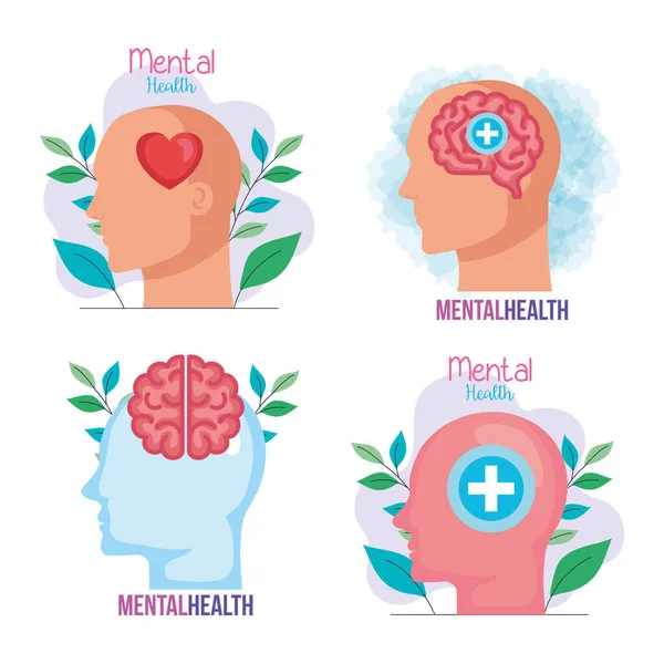 Définir des bannières de santé mentale avec des icônes — Image vectorielle