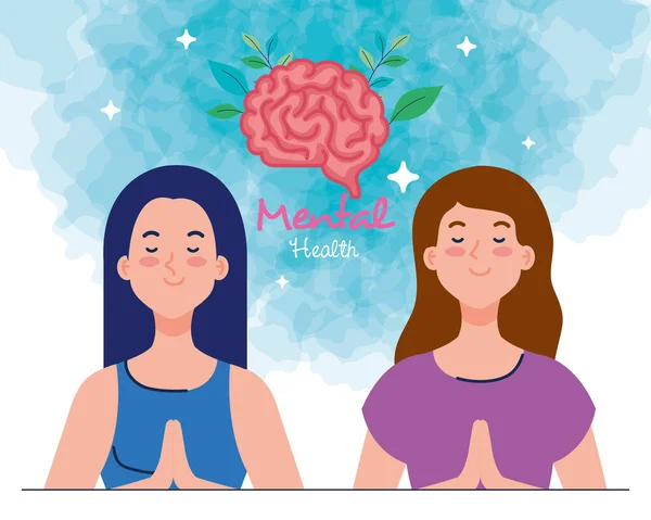 Mental health concept, and women meditating with brain human — Stock Vector