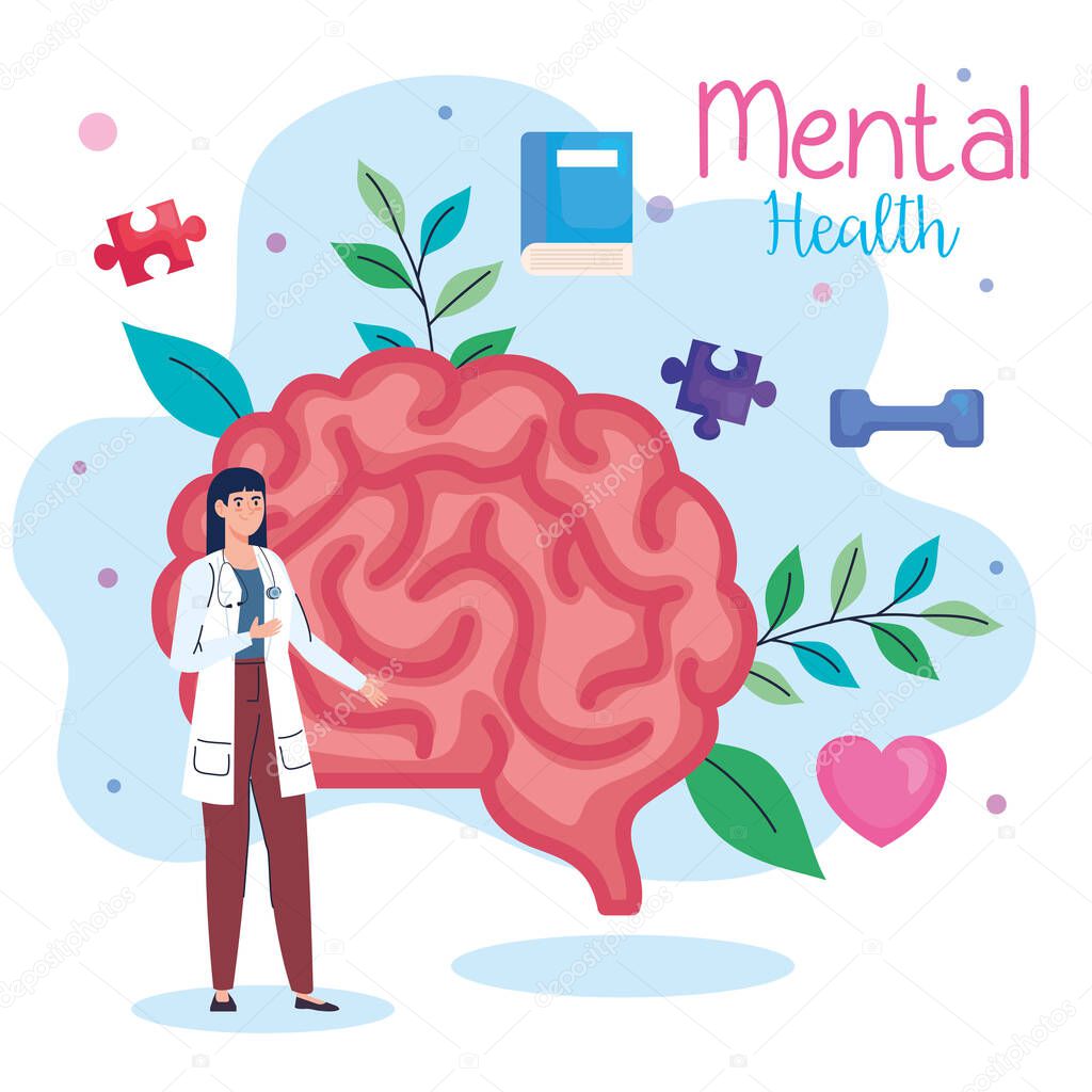 mental health medical treatment, doctor female with brain and health icons