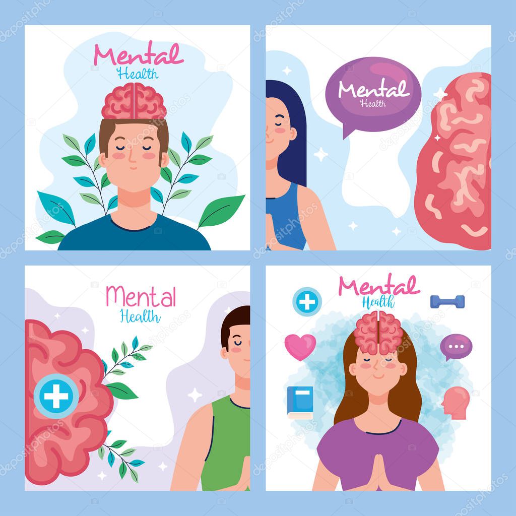 set banners of mental health with icons