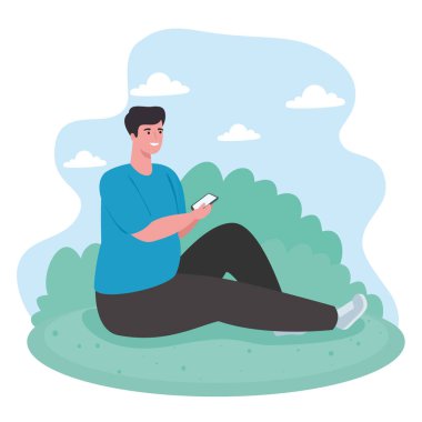 Adam akıllı telefonu açık havada, sosyal medya ve iletişim teknolojisi kavramını kullanıyor