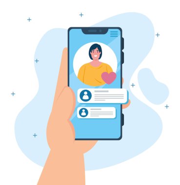 Sosyal medya kavramı, akıllı telefondan sohbet mesajları bildirimi, konuşma baloncukları olan cep telefonu ekranındaki kadın