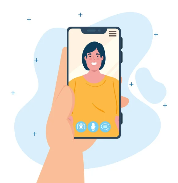 Lidská ruka držící smartphone video hovor na obrazovce s mladou ženou, koncept sociálních médií — Stockový vektor