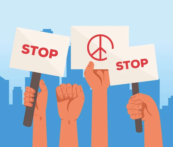 Χέρια με πλακάτ διαμαρτυρίας, στοπ και σύμβολο ειρήνης και αγάπης, κρατώντας πανό, ακτιβιστής με σημάδι εκδήλωσης απεργίας, έννοια των ανθρωπίνων δικαιωμάτων — Διανυσματικό Αρχείο