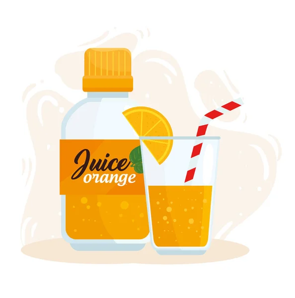 Suco de laranja em garrafa e vidro — Vetor de Stock