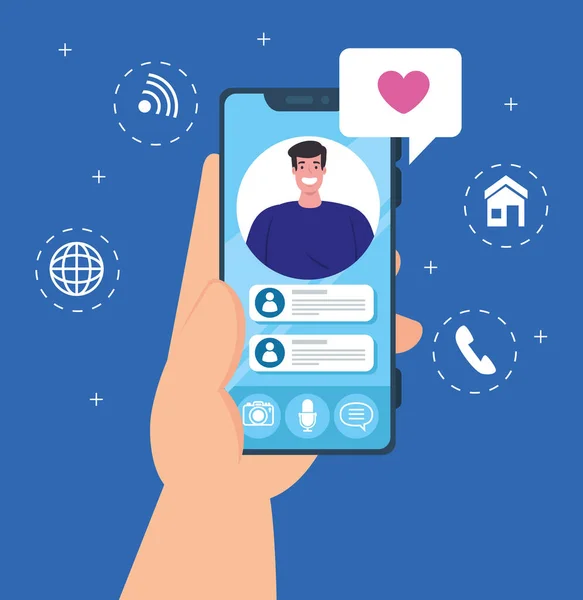 Sociální média koncept, chat zprávy upozornění na smartphone, muž na obrazovce mobilního telefonu s hlasovou bublinou — Stockový vektor