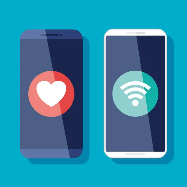 Közösségi média koncepció, szerelem reakció és wifi okostelefonok — Stock Vector