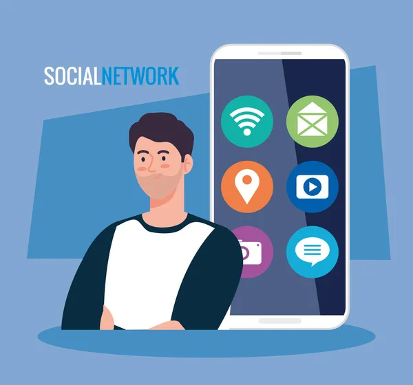 Rede social, jovem com ícones de smartphone e mídia social — Vetor de Stock