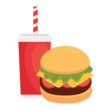 Beyaz arka planda içkili hamburger