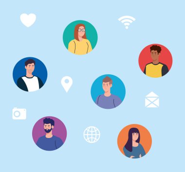 Sosyal ağ, dijital olarak bağlanan gençler, iletişim ve küresel konsept