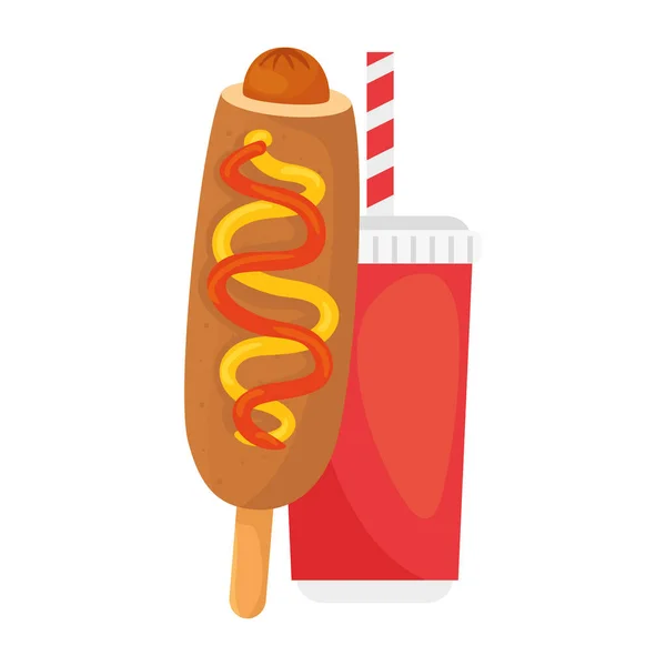 Fast food corn hond met drank op witte achtergrond — Stockvector