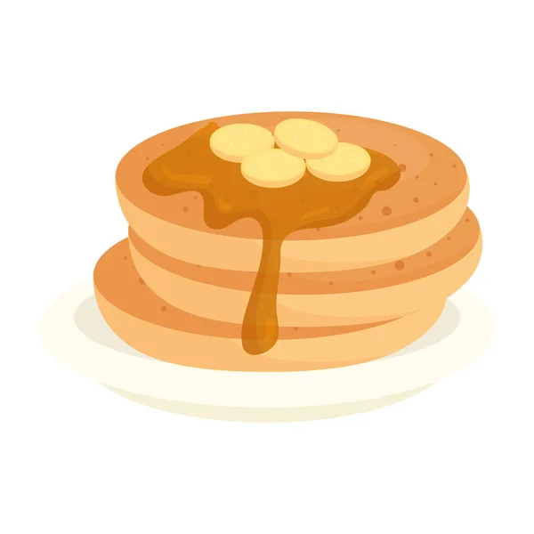 Pancake lezat dengan sirup di piring, pada latar belakang putih - Stok Vektor