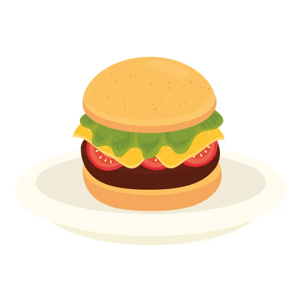 Χάμπουργκερ fast food στο πιάτο, σε λευκό φόντο — Διανυσματικό Αρχείο