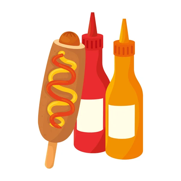 Fast food corn dog with bottled sauce on white background — Stock Vector