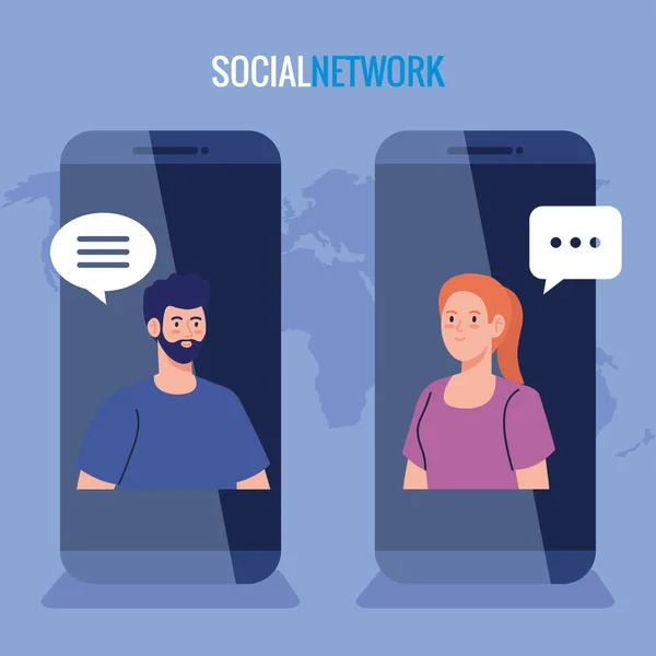 Red social, pareja conectada para smartphones, comunicación y concepto global — Vector de stock