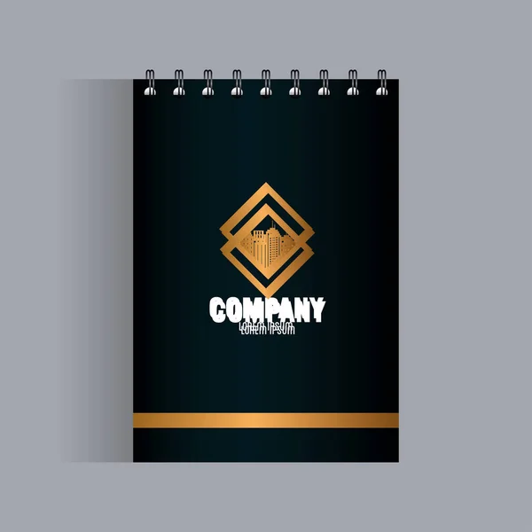 Identidade corporativa mockup marca, notebook preto mockup com sinal de ouro — Vetor de Stock