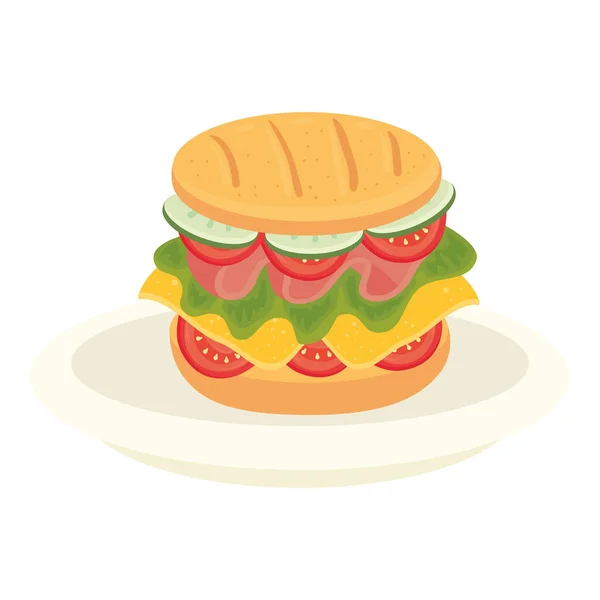 Delicioso sanduíche em prato, no fundo branco — Vetor de Stock