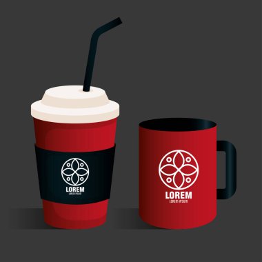 kurumsal kimlik modeli, kupa ve şişe içeceği. Beyaz işaretli kırmızı model.