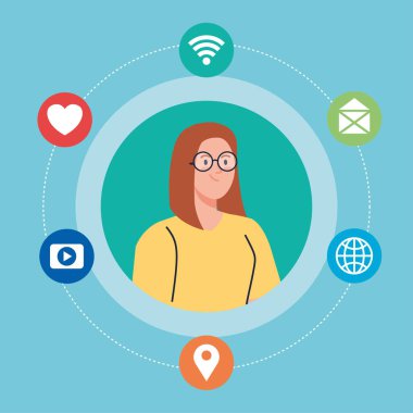 Sosyal ağ, genç kadın ve sosyal medya simgeleri