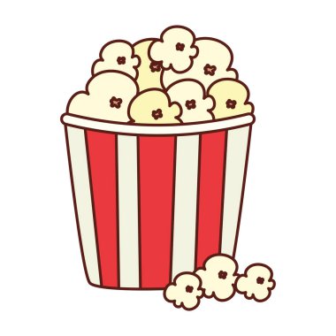 Beyaz arkaplanda kırmızı ve beyaz çizgili patlamış mısır paketi