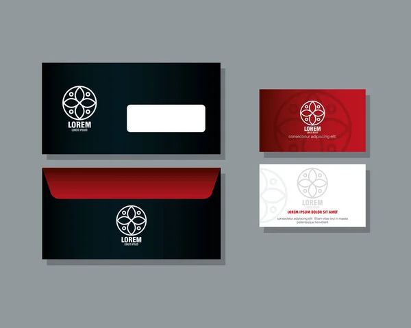 コーポレートアイデンティティのブランドのモックアップ、封筒、白い看板の赤いモックアップの名刺 — ストックベクタ