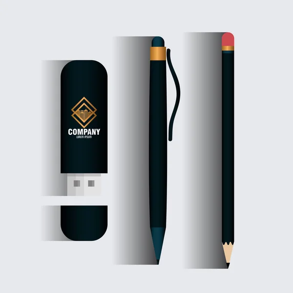 Kurumsal kimlik markası modeli, USB ve kalemler siyah model ve altın tabelalı — Stok Vektör