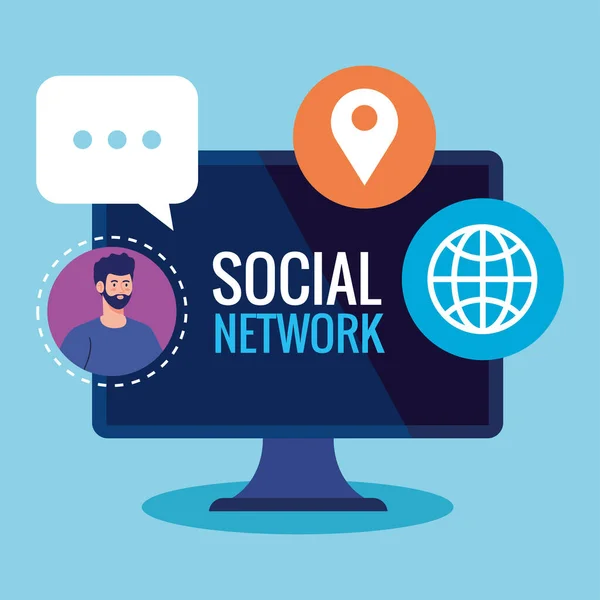Soziales Netzwerk, vernetzter Mensch in Computer, Kommunikation und globalem Konzept — Stockvektor