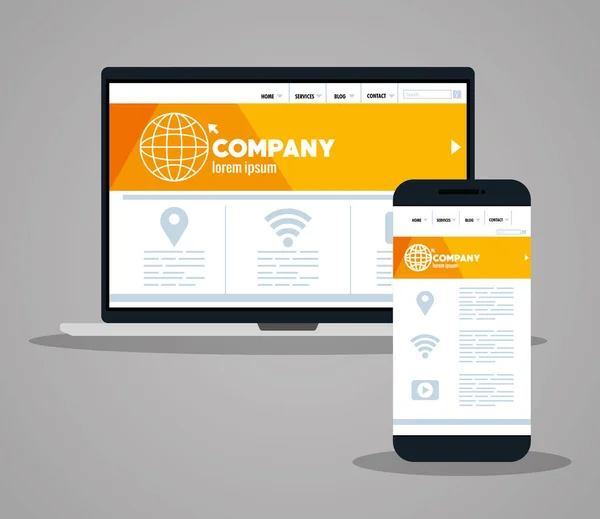 Mockup responsive web, Konzept Website-Entwicklung in Laptop und Smartphone — Stockvektor