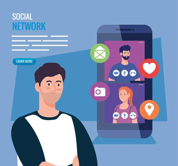 Portale społecznościowe, osoby podłączone do smartfona, interaktywne, komunikacyjne i globalne — Wektor stockowy