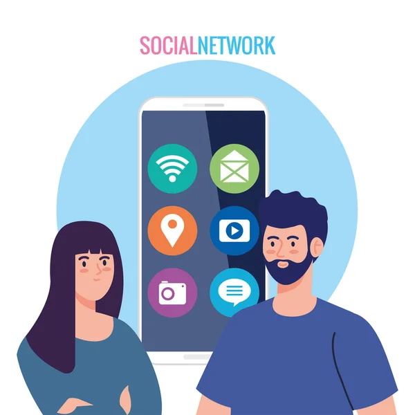 Rede social, casal e smartphone com ícones de mídia social — Vetor de Stock
