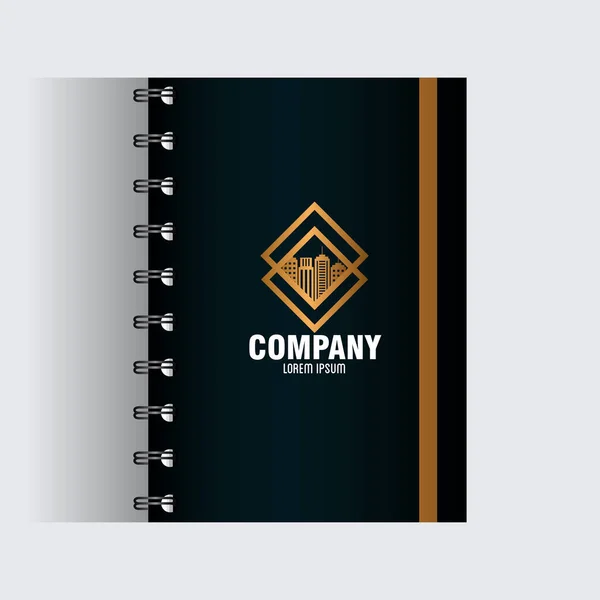 Corporate identity brand mockup, notebook black mockup con cartello dorato — Vettoriale Stock