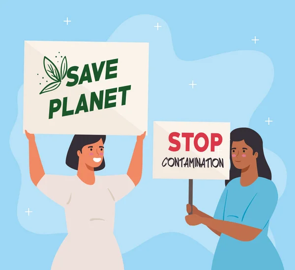 Vrouwen met protestborden, redden planeet en stoppen besmetting, activisten met staking manifestatie teken, mensenrechten concept — Stockvector