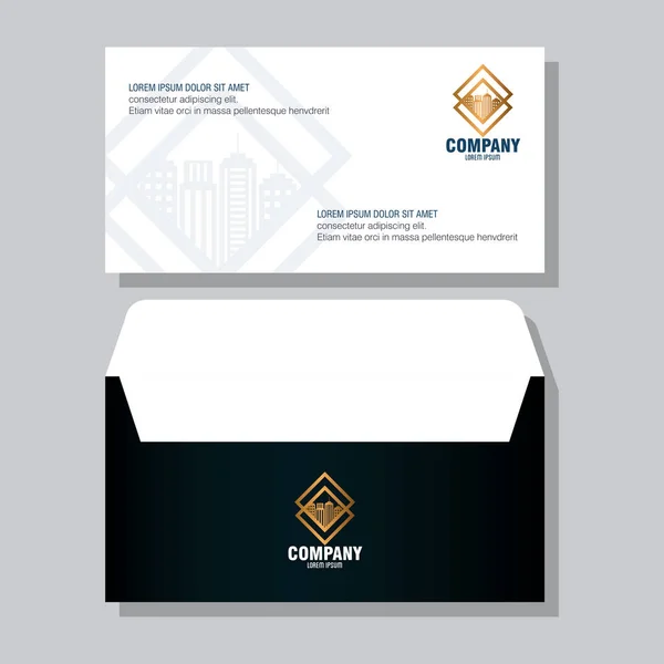 Identidade corporativa mockup marca, envelope preto mockup com sinal de ouro —  Vetores de Stock