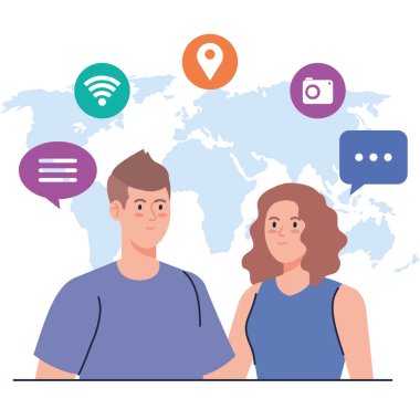 Sosyal ağ, sosyal medya simgeleri olan genç çift