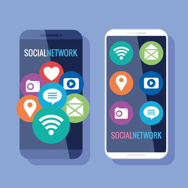 Rede social, smartphones com ícones de mídia social — Vetor de Stock