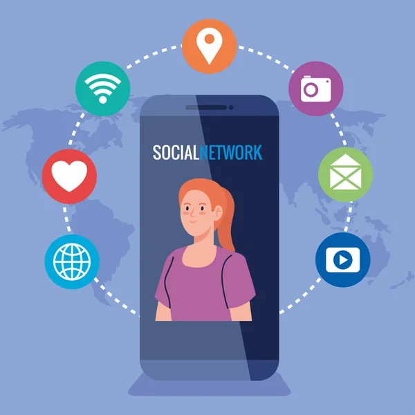 Réseau social, femme dans smartphone, icônes des médias sociaux connectés pour numérique, interactive, communication et concept global — Image vectorielle