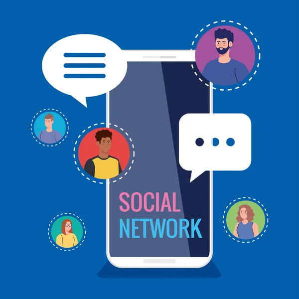 Социальная сеть, люди, подключенные к смартфону, общение и глобальная концепция — стоковый вектор