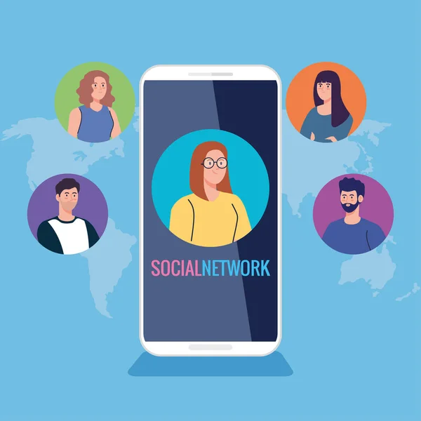 Réseaux sociaux, jeunes et smartphones connectés numériquement — Image vectorielle