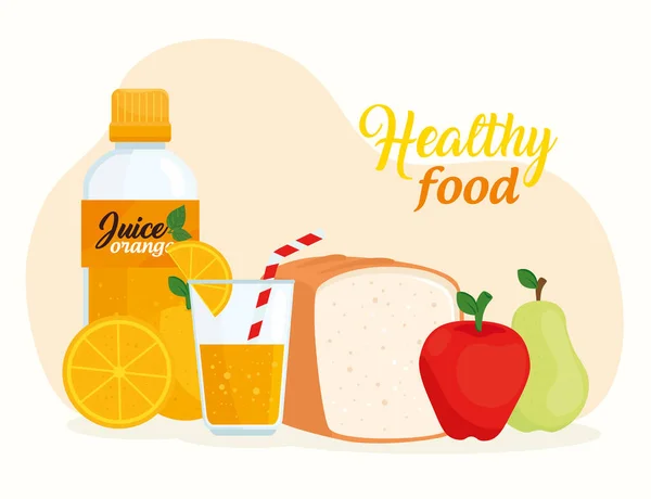 Healthy food, fruits with bread and juice bottle — Stock Vector