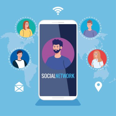 Sosyal ağ, akıllı telefona bağlı insanlar, etkileşimli, iletişim ve küresel konsept
