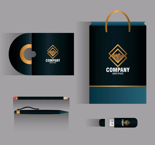 Identidade corporativa mockup marca, conjunto de papelaria de negócios, preto mockup com sinal de ouro — Vetor de Stock